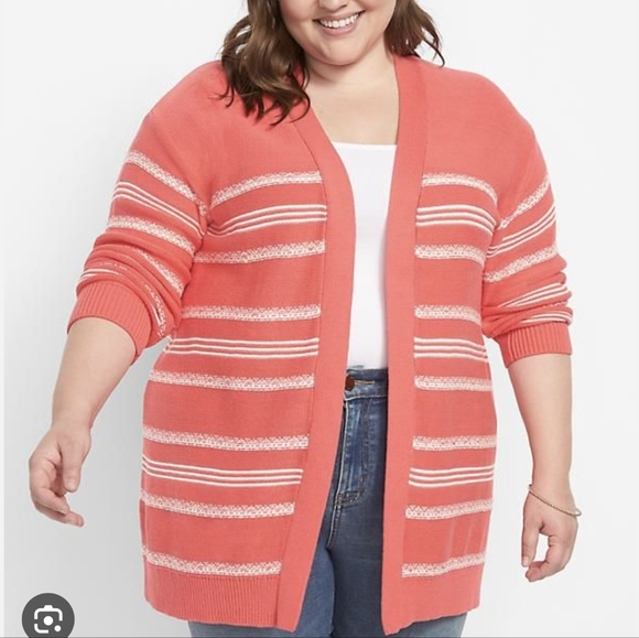 Lane Bryant | Open Front Pink + White Cardigan - Picture 2 of 7